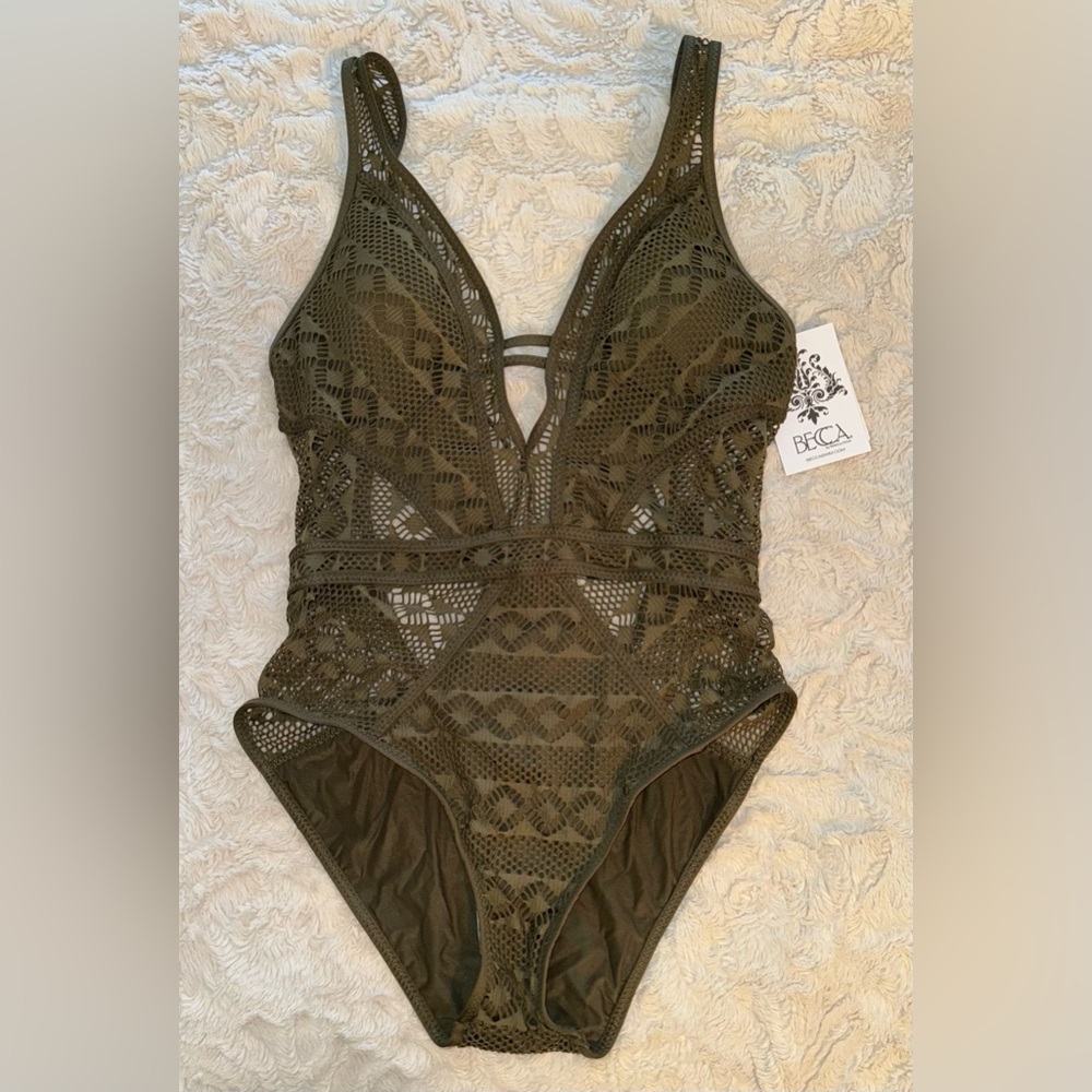 Flattering Crochet Swimsuit by BECCA swimwear - size medium - OLIVE GREEN